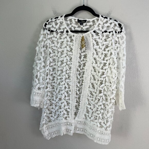 NEW $86 Suzanne Betro Womens XL Ivory Lace Cardigan Open Knit Top - Picture 14 of 16